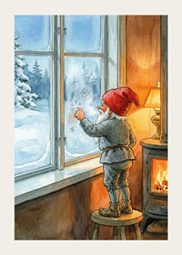 Santa Claus looks out through frosted winter window in warm cabin-3
