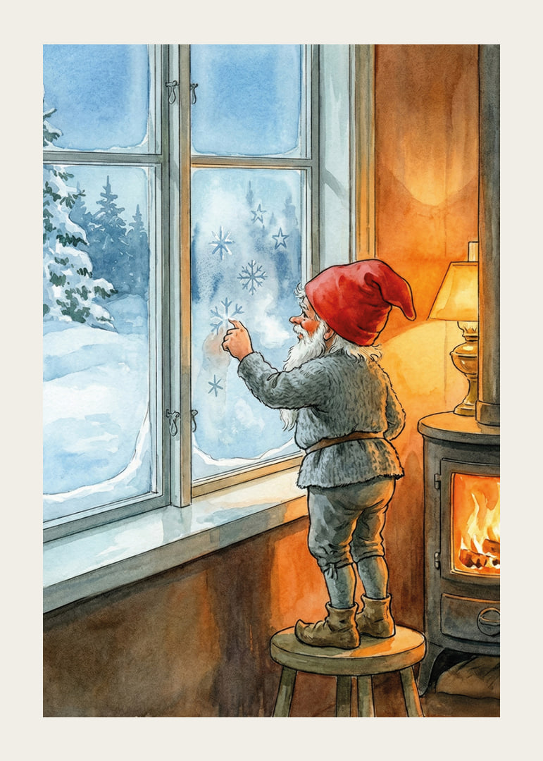 Santa Claus looks out through frosted winter window in warm cabin-12
