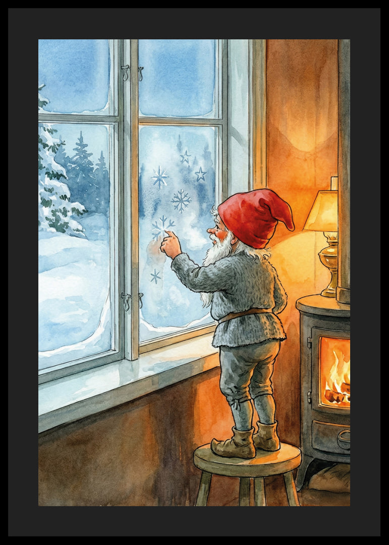 Santa Claus looks out through frosted winter window in warm cabin-12