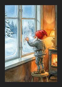Santa Claus looks out through frosted winter window in warm cabin-5
