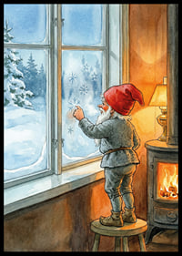 Santa Claus looks out through frosted winter window in warm cabin-6