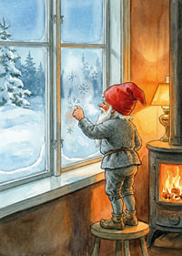 Santa Claus looks out through frosted winter window in warm cabin-7