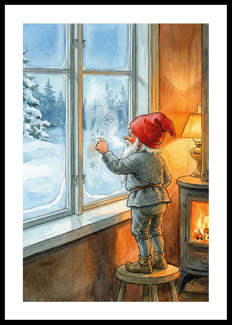 Santa Claus looks out through frosted winter window in warm cabin-12