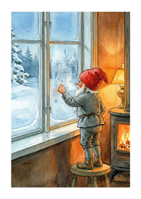 Santa Claus looks out through frosted winter window in warm cabin-1