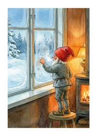 Le Père Noël regarde par la fenêtre givrée de sa cabane bien chaude.-1