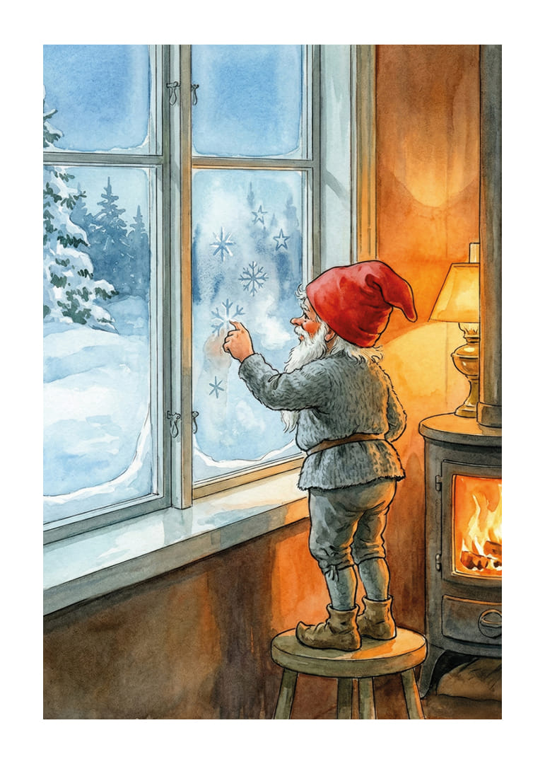 Le Père Noël regarde par la fenêtre givrée de sa cabane bien chaude.-12