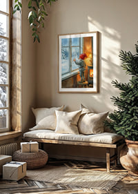 Santa Claus looks out through frosted winter window in warm cabin-8