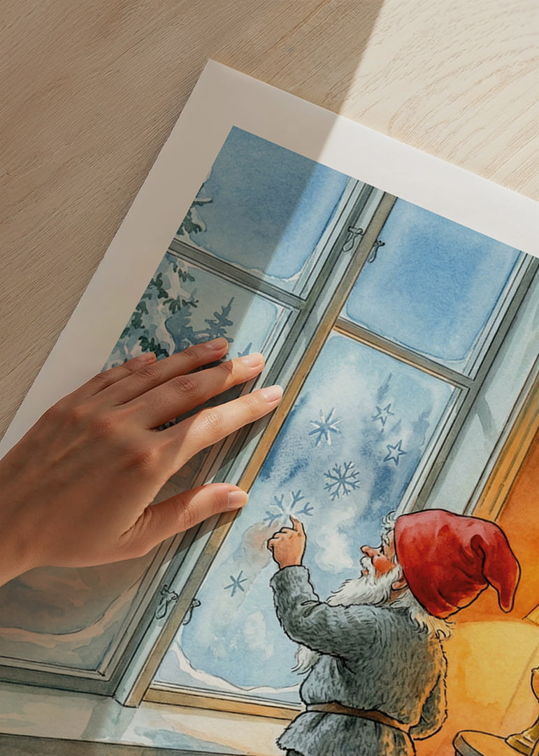 Santa Claus looks out through frosted winter window in warm cabin-12