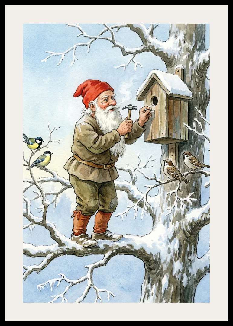 Santa Claus working on birdhouse among snow-covered trees-12