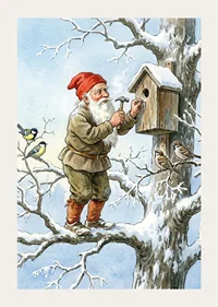 Santa Claus working on birdhouse among snow-covered trees-3