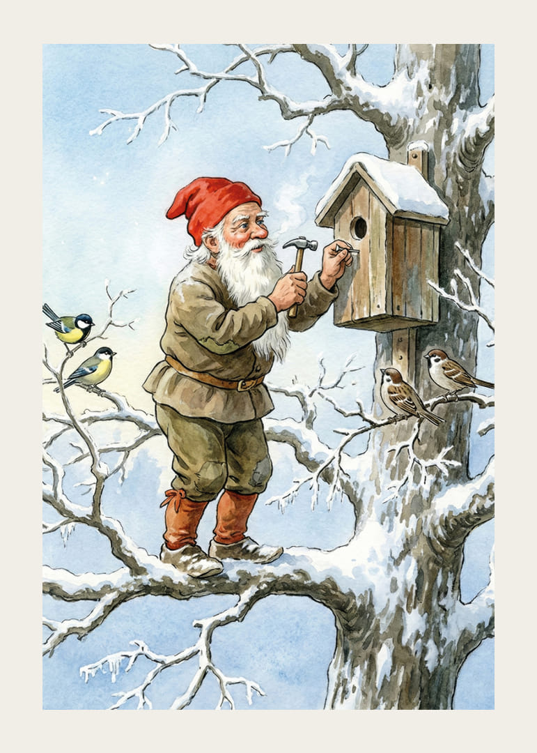 Le Père Noël travaille à la construction d'un nichoir parmi les arbres enneigés-12