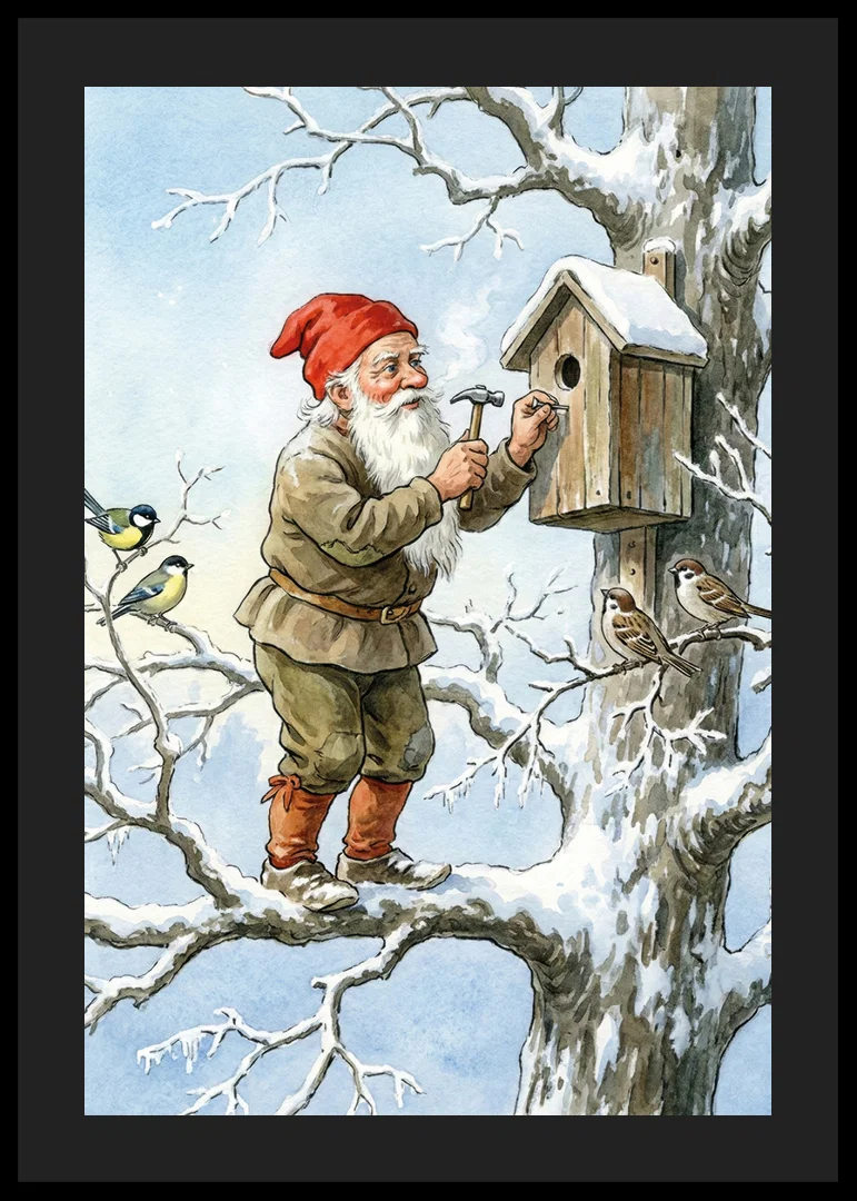 Santa Claus working on birdhouse among snow-covered trees-12