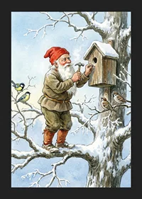 Santa Claus working on birdhouse among snow-covered trees-5