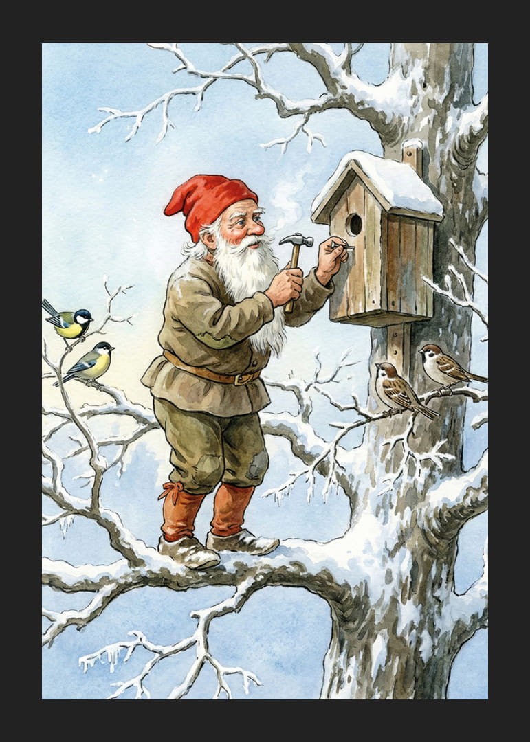 Le Père Noël travaille à la construction d'un nichoir parmi les arbres enneigés-12