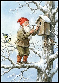 Santa Claus working on birdhouse among snow-covered trees-6