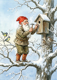 Le Père Noël travaille à la construction d'un nichoir parmi les arbres enneigés-7