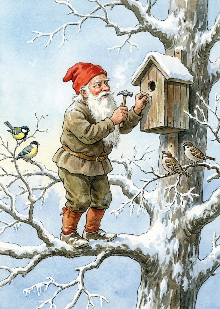 Le Père Noël travaille à la construction d'un nichoir parmi les arbres enneigés-12