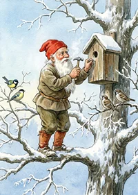 Santa Claus working on birdhouse among snow-covered trees-7