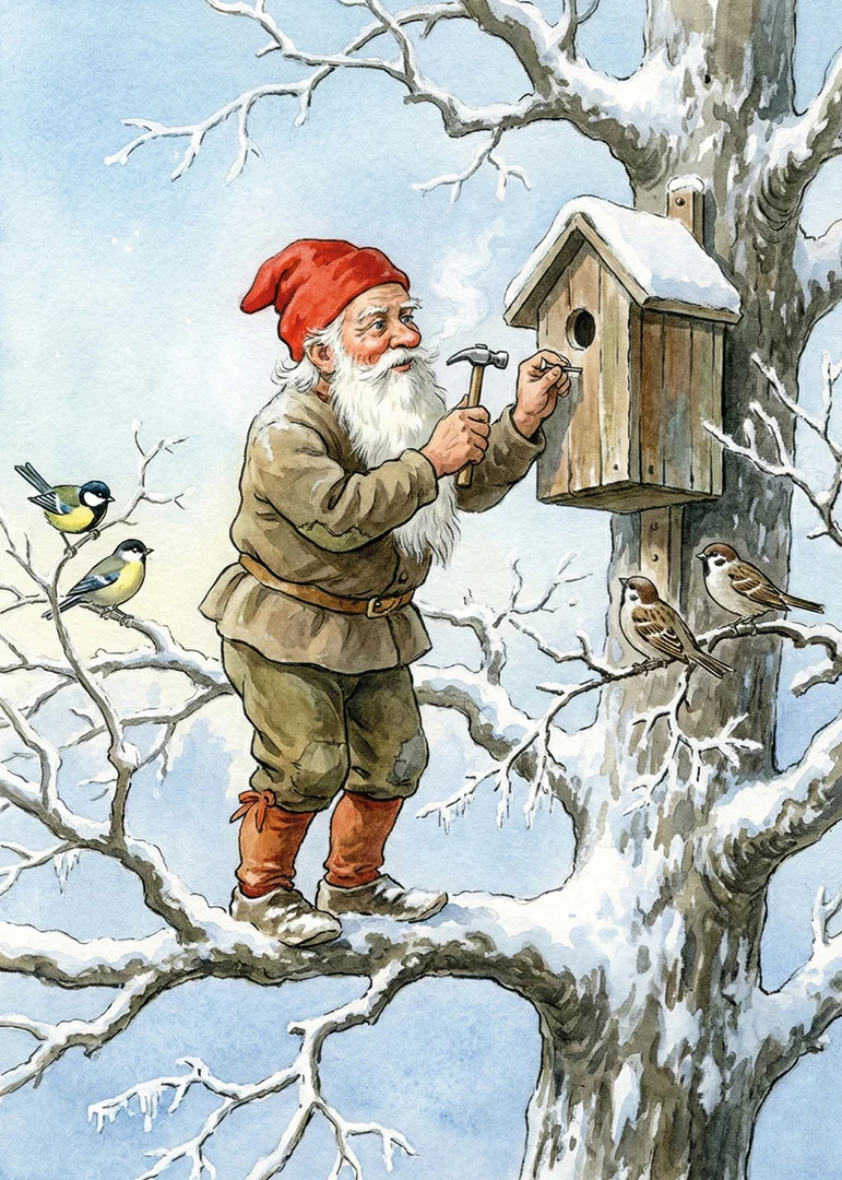 Santa Claus working on birdhouse among snow-covered trees-12