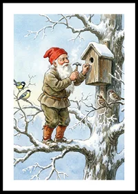 Santa Claus working on birdhouse among snow-covered trees-0