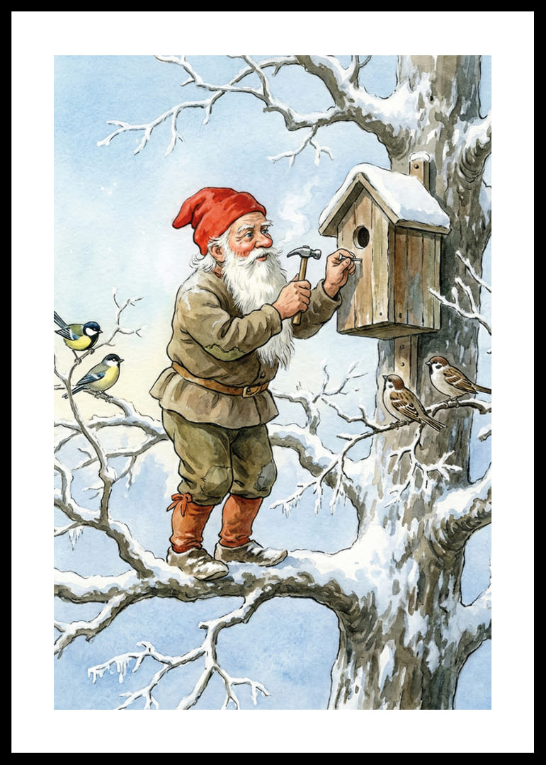 Le Père Noël travaille à la construction d'un nichoir parmi les arbres enneigés-12