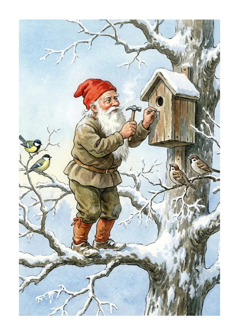 Santa Claus working on birdhouse among snow-covered trees-12