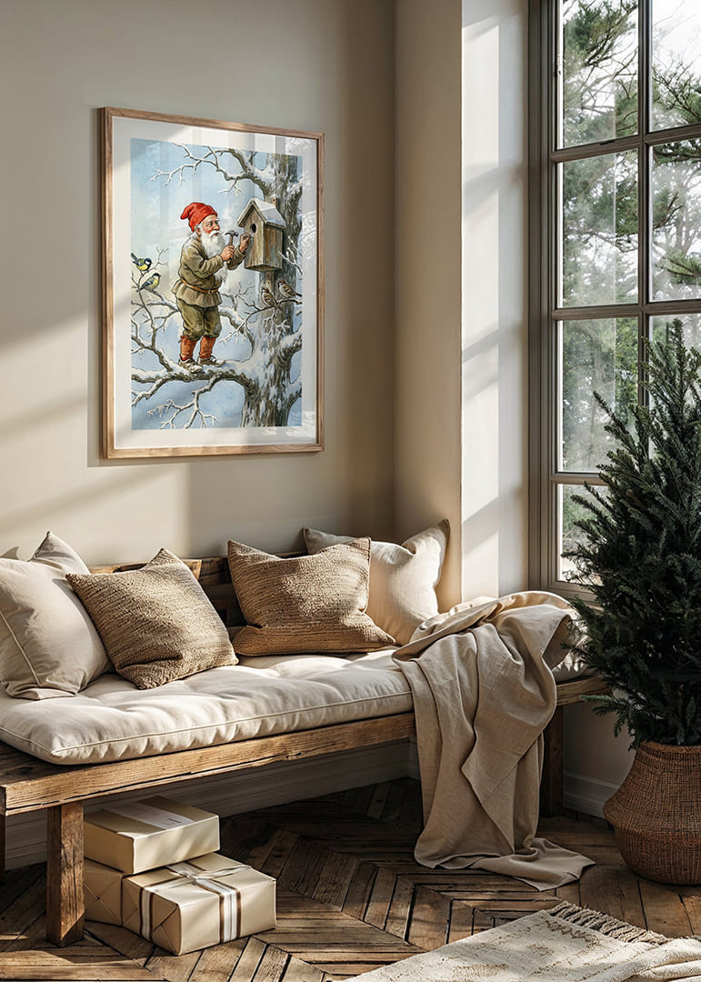 Le Père Noël travaille à la construction d'un nichoir parmi les arbres enneigés-12