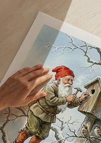 Santa Claus working on birdhouse among snow-covered trees-9