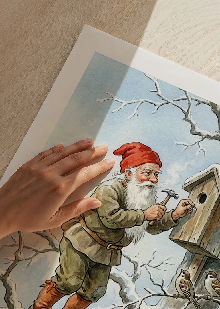 Santa Claus working on birdhouse among snow-covered trees-12