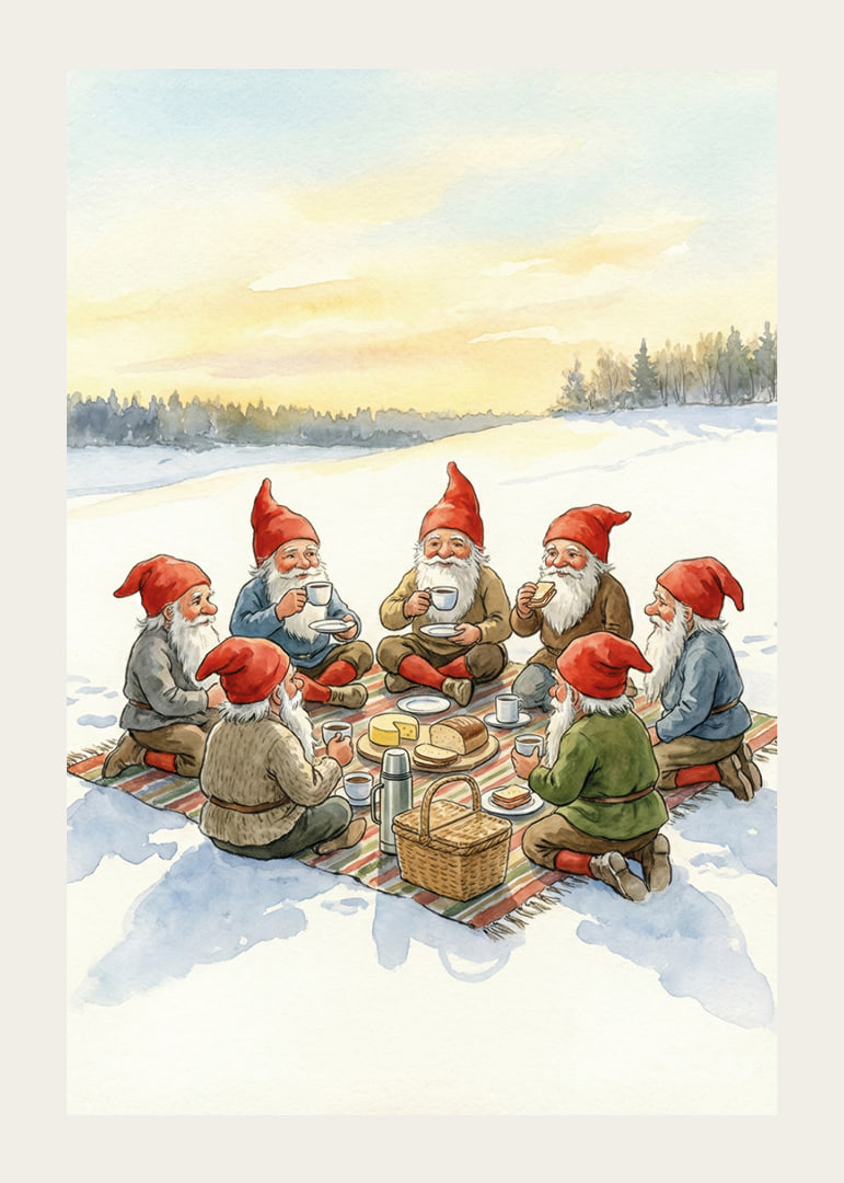 Elfen genieten van een gezellige winterpicknick bij zonsondergang-12