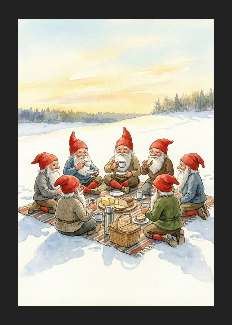 Elfen genieten van een gezellige winterpicknick bij zonsondergang-12