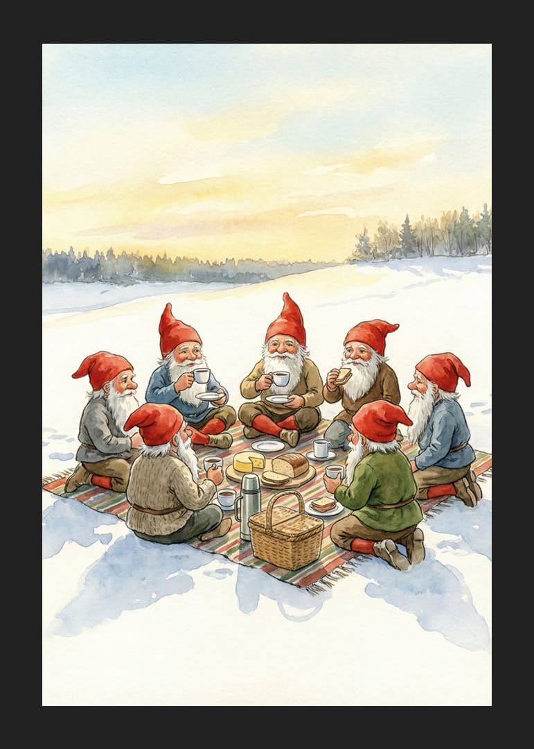 Elfen genieten van een gezellige winterpicknick bij zonsondergang-12