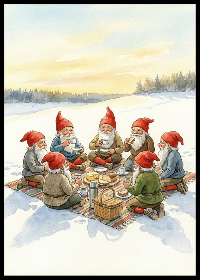 Des elfes profitent d'un pique-nique hivernal chaleureux au coucher du soleil.-12