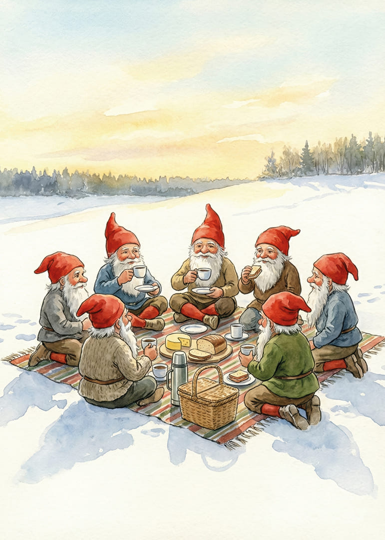 Des elfes profitent d'un pique-nique hivernal chaleureux au coucher du soleil.-12