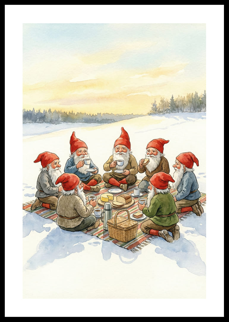 Des elfes profitent d'un pique-nique hivernal chaleureux au coucher du soleil.-12