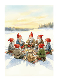 Elfen genieten van een gezellige winterpicknick bij zonsondergang-1