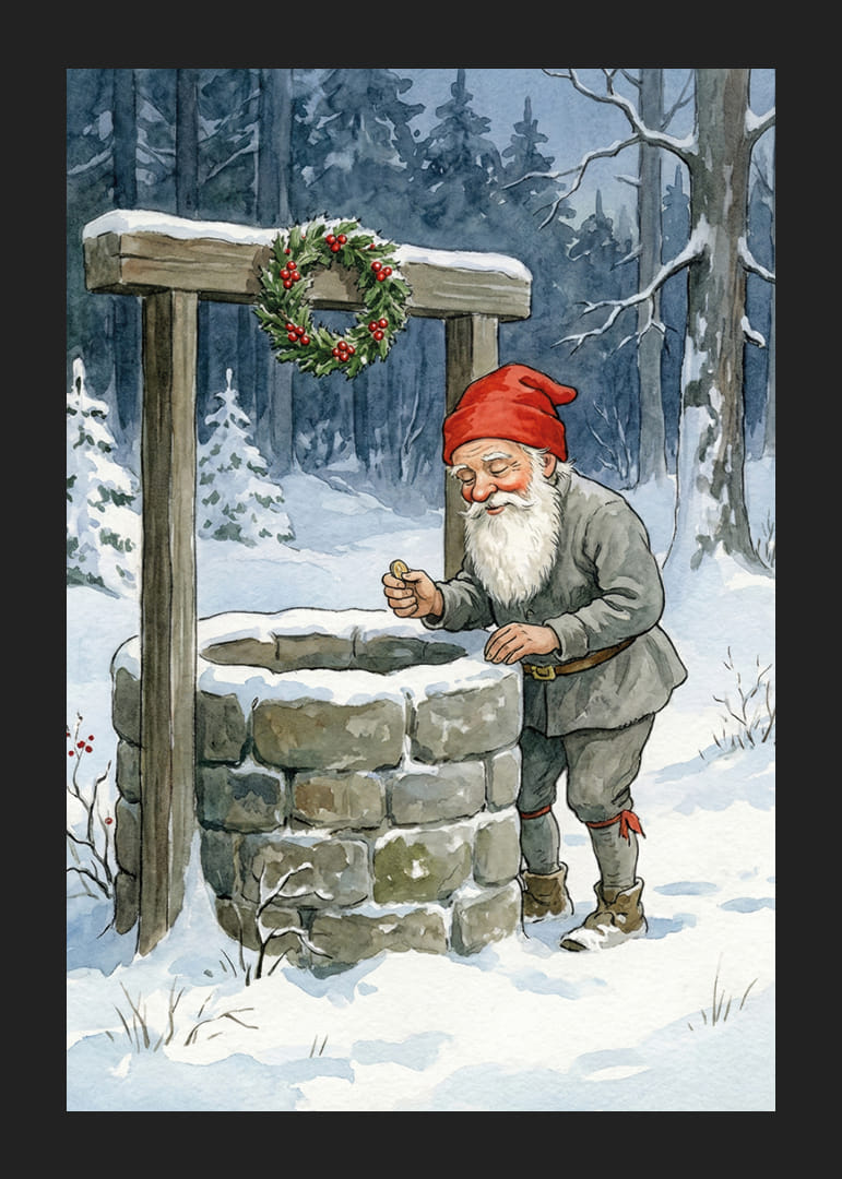 Un elfe près d'un puits à souhaits dans un paysage hivernal-12