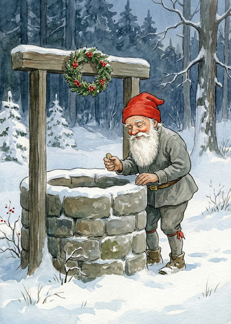 Un elfe près d'un puits à souhaits dans un paysage hivernal-12