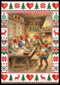 Des elfes font cuire du pain près de la cheminée dans une cabane rustique.-0