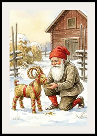 Santa shares joy with straw goat in winter landscape-2