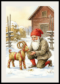 Le Père Noël partage sa joie avec une chèvre de paille dans un paysage hivernal-2