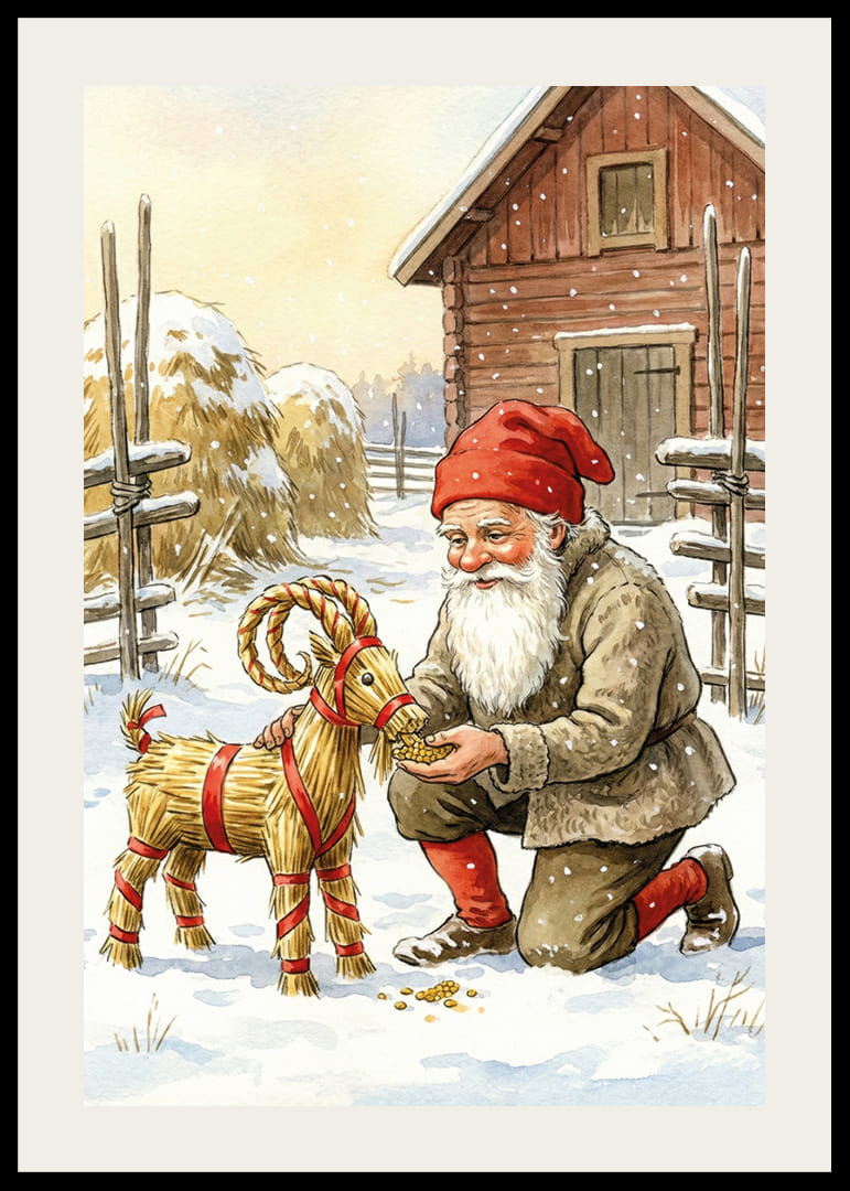 Le Père Noël partage sa joie avec une chèvre de paille dans un paysage hivernal-12