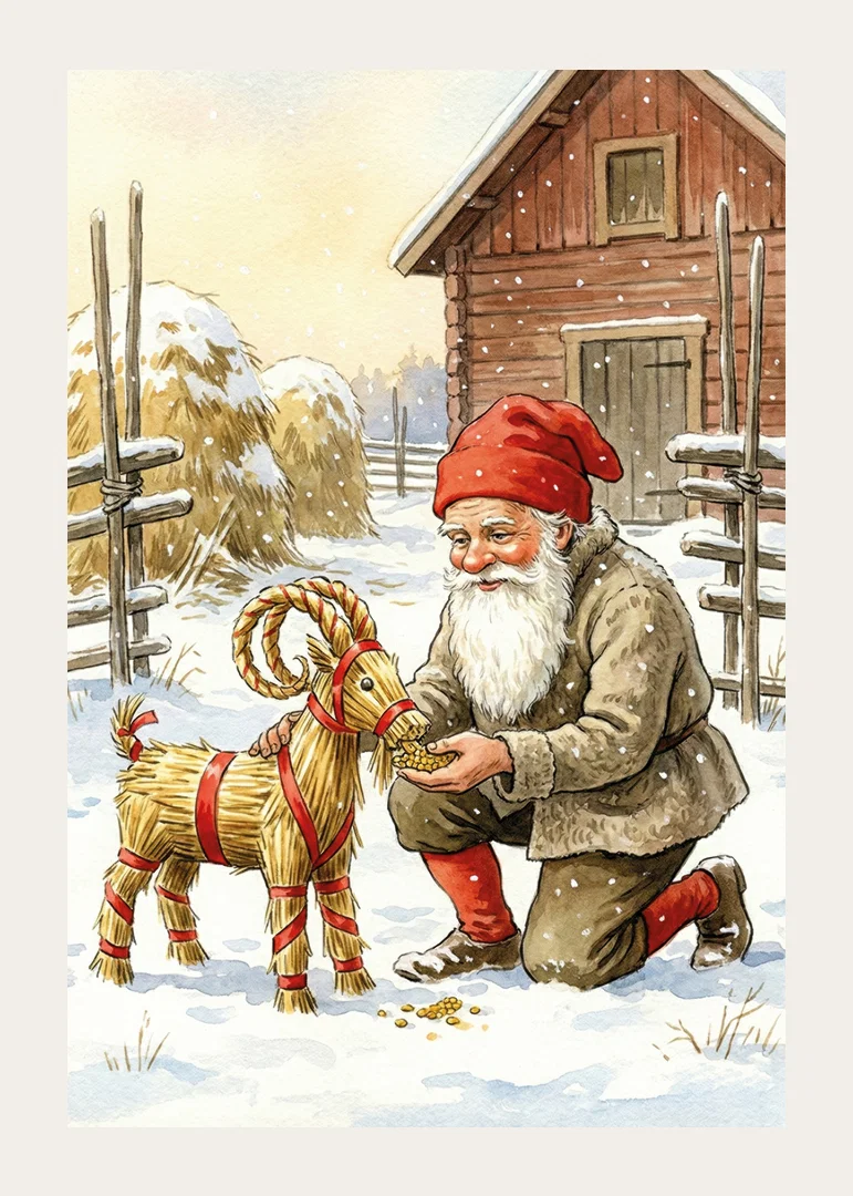 Santa shares joy with straw goat in winter landscape-12