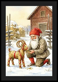 Santa shares joy with straw goat in winter landscape-4