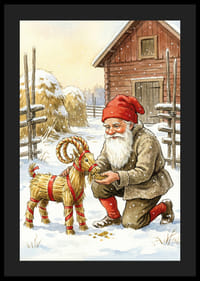 Le Père Noël partage sa joie avec une chèvre de paille dans un paysage hivernal-4