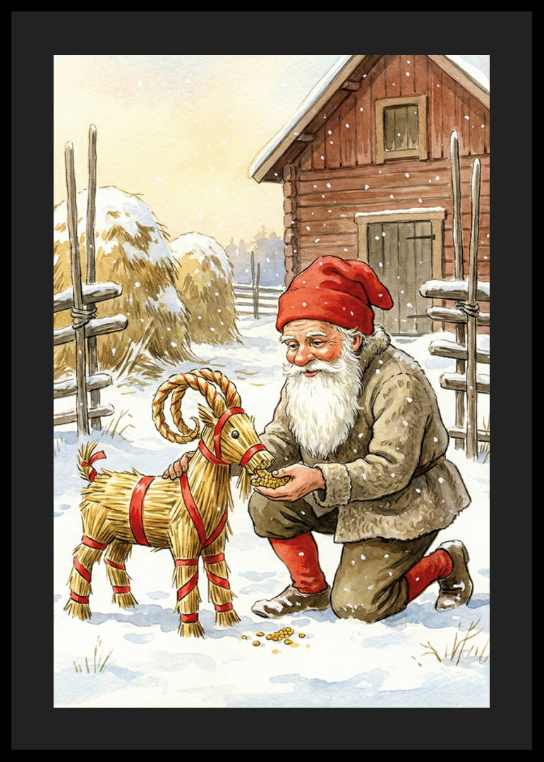 Le Père Noël partage sa joie avec une chèvre de paille dans un paysage hivernal-12