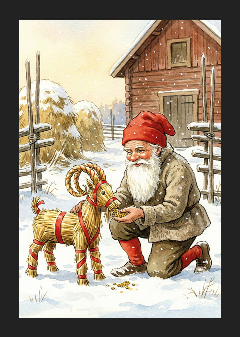 Le Père Noël partage sa joie avec une chèvre de paille dans un paysage hivernal-12