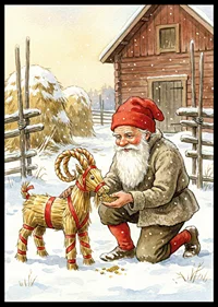 Santa shares joy with straw goat in winter landscape-6