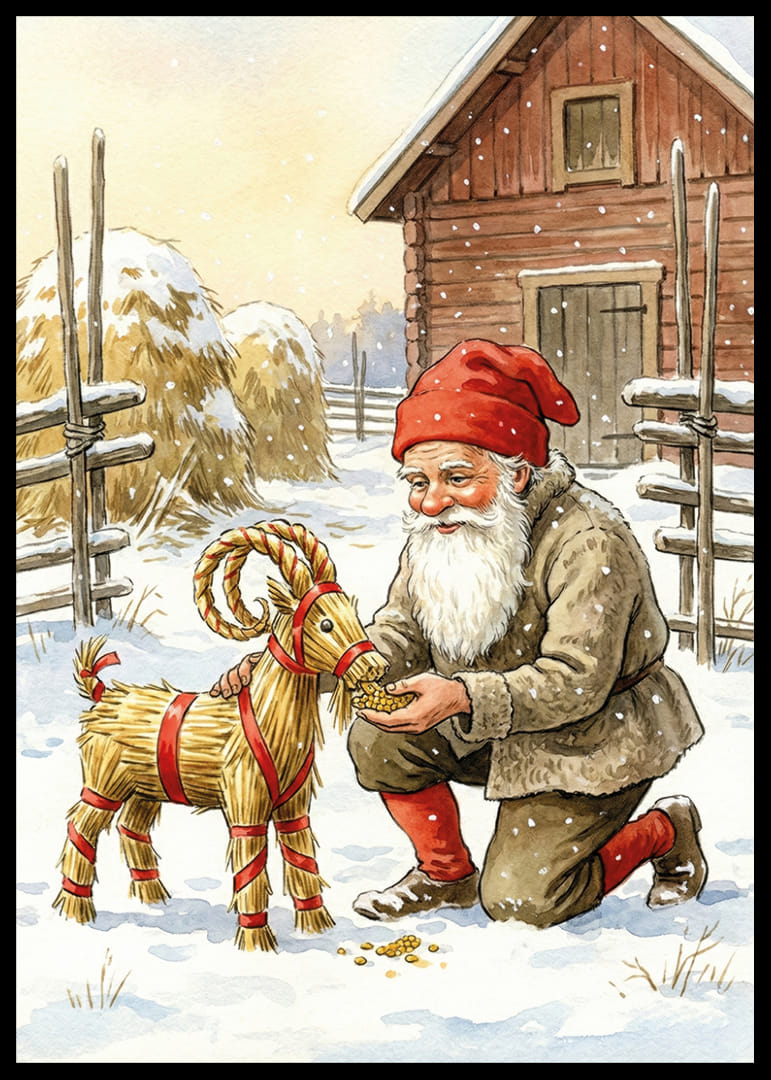 Le Père Noël partage sa joie avec une chèvre de paille dans un paysage hivernal-12