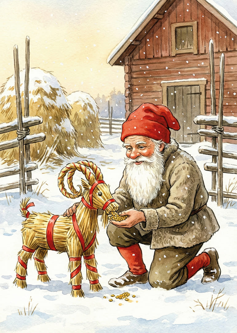 Le Père Noël partage sa joie avec une chèvre de paille dans un paysage hivernal-12